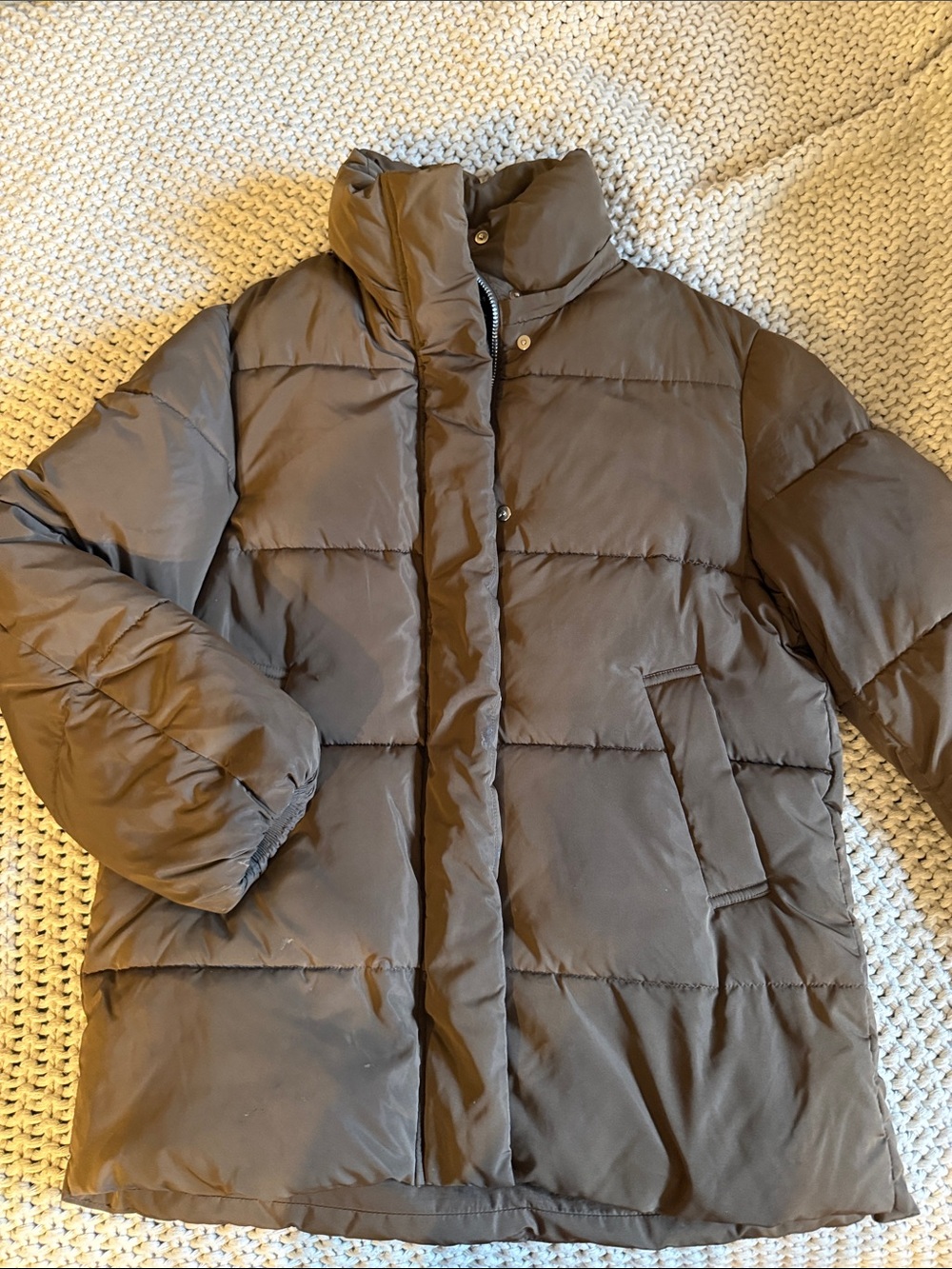 Women's Brown Quilted Puffer Coat with High Collar